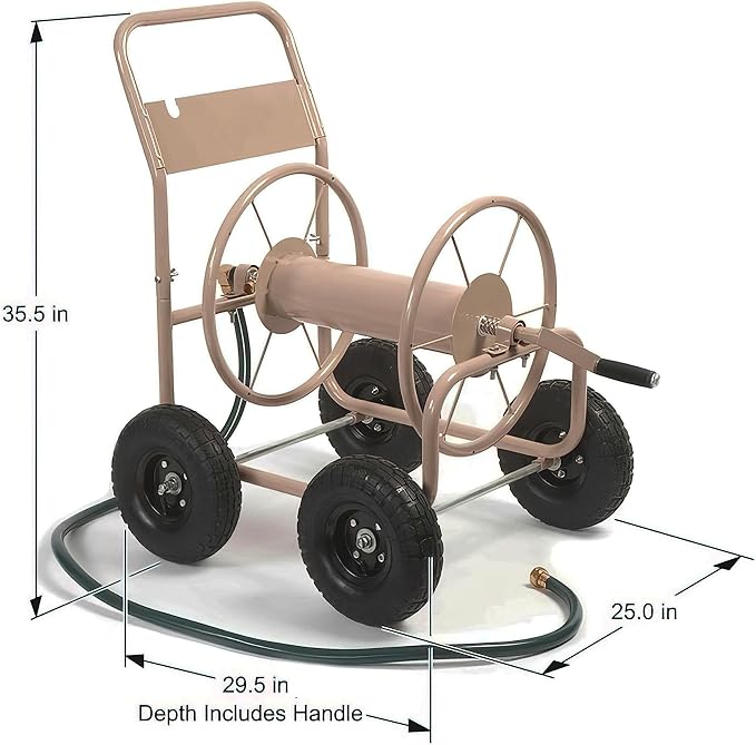 Liberty Garden Industrial 4 Wheel 300 Foot of 0.625 Inch Hose Steel Frame Water Hose Reel Cart for Backyard, Garden, or Lawn, Beige
