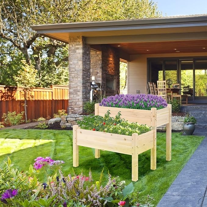 S AFSTAR Raised Garden Bed Set of 2, Wood Elevated Planter Beds with 8 Drainage Holes & 2 Planter Boxes, 3.5 Cu.Ft Above Ground Rise Garden Beds for Flowers Vegetables Herbs,
