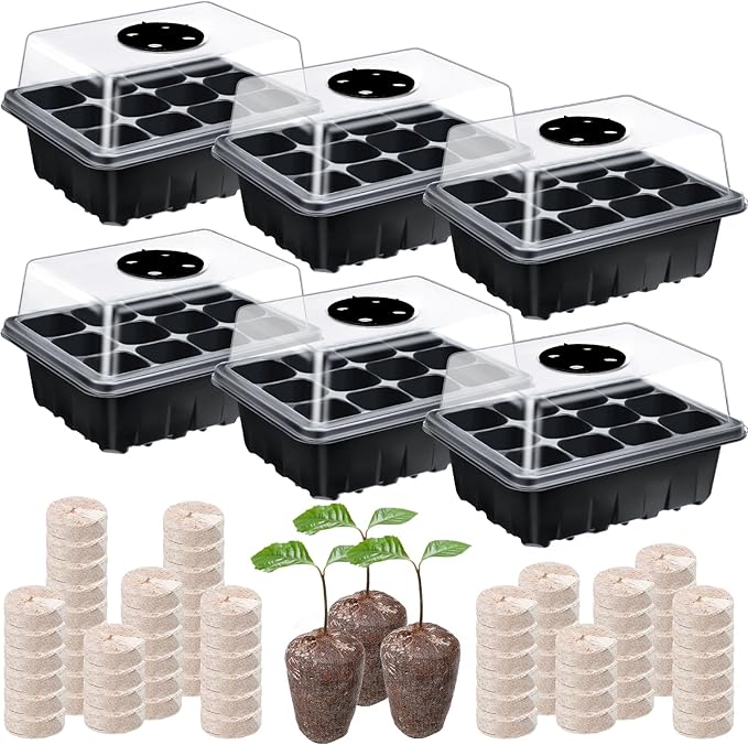 6 Pack Seed Starter Tray with 72 Pcs Peat Pellets, Seeding Starter Kit (72 Cells Total Tray) with Humidity Dome, Soil Plant Germination Tray Kit for Flower Vegetable(Black)