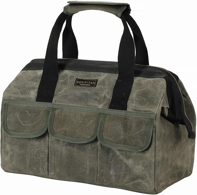 15 Inch Tool Bag, Heavy Duty Waxed Canvas Wide Mouth Water-Resistant Tool Pouch, Garden Tool Tote with 15 Pockets | ArmyGreen