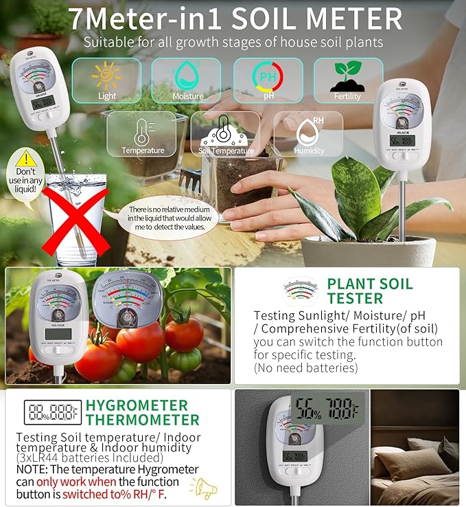 HSLGOVE Soil Test Kit, 7-in-One Soil Moisture Meter/Soil PH Meter/Fertility, Dual Screen Soil Tester w/Digital Soil Temp/Air Temp&Humidity for Plants Gardening,Lawn,Farm Indoor&Outdoor-Snow White