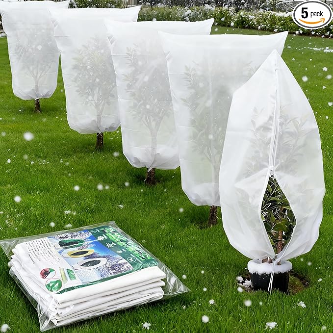 Plant Covers Freeze Protection, 5 Pack Frost Covers with Zipper Drawstring (31.5" x 47.3") Plant Protection Cover Bags for Outdoor Winter Frost Cold Weather Shrubs Trees Jacket Covers, White