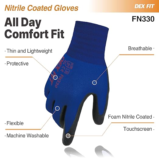DEX FIT Nitrile Work Gloves FN330, 3D-Comfort Stretchy Fit, Firm Grip, Thin & Lightweight, Touch-Screen Compatible, Durable, Breathable & Cool, Machine Washable; Blue XXL (11) 3 Pairs