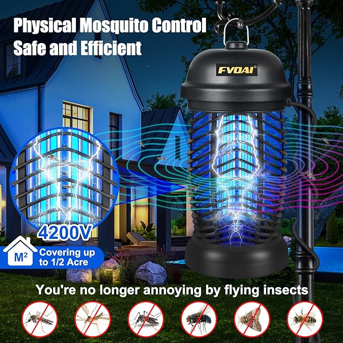 Bug Zapper Outdoor, Mosquito Zapper, Fly Zapper, Insect Zapper Electric Fly Traps for 1/2 Acre, Indoor Outdoor Use with 3 Prong Plug-in,4200V, ABS Plastic Outer, Black