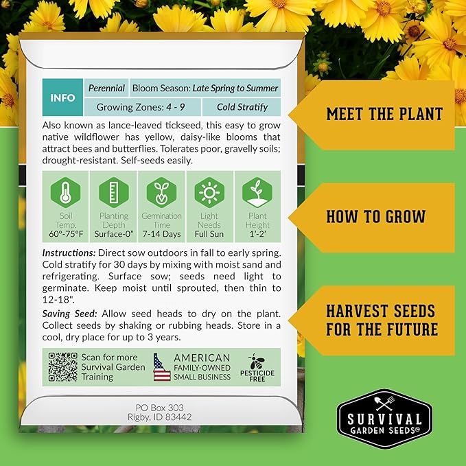 Native Lanceleaf Tickseed Seeds for Planting (Coreopsis Lanceolata) | Golden Yellow Blooms | Heat & Drought Tolerant Wildflower - Survival Garden Seeds - 1 Pack