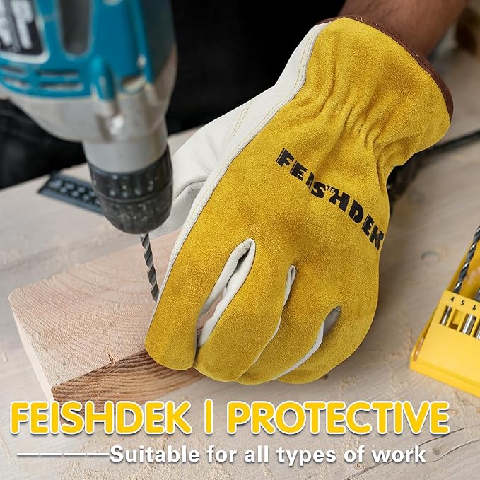 Leather Work Gloves, Puncture Proof Garden Gloves for Women, Heavy Duty Safety Working Gloves for Men