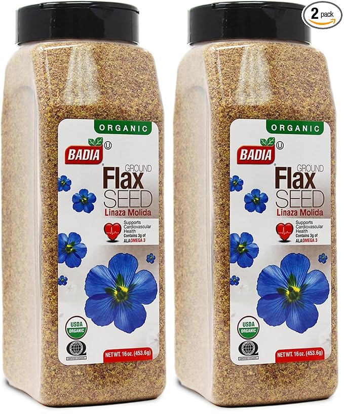 Badia Organic Ground Flax Seed, 16 oz - Superfood High in Fiber & Omega-3, Certified Organic, Non-GMO, Baking, Smoothies & Cooking (Pack of 2)