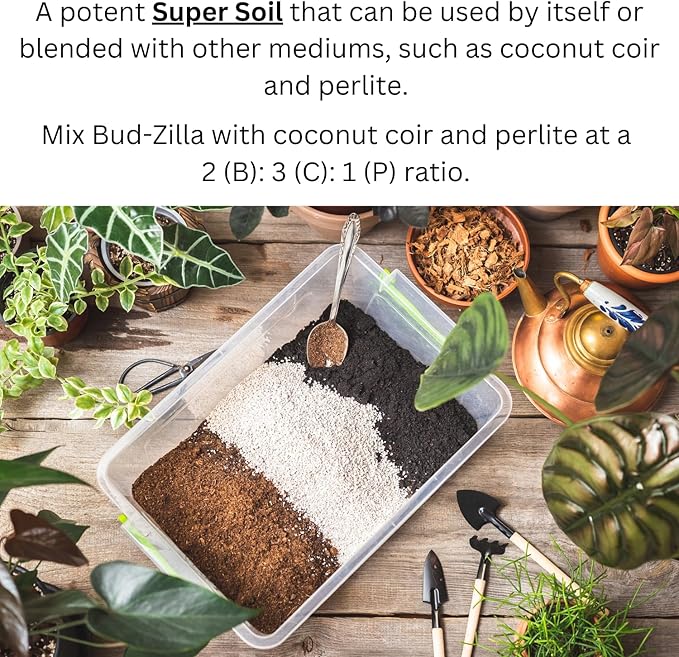 Bud-Zilla Potting Soil, 4 QT Bag, with Compost, Biochar, Mycorrhizae, Coconut Coir, Worm Castings, and Silica Sand