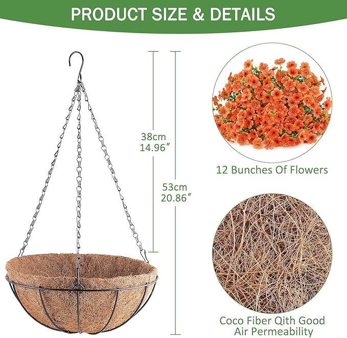Artificial Flowers Hanging Plants in Basket, Artificial Hanging Flowers for Spring Outdoor Indoor Decor, UV Resistant Hanging Baskets with Fake Flowers for Spring Summer Patio Garden Porch Decor