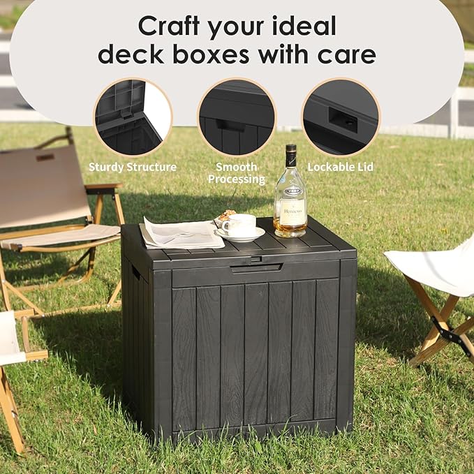 Vixzen 30 Gallon Resin Deck Box - Lockable Outdoor Storage for Patio Cushions, Garden Tools, Pool Supplies（Black，30 Gallon）