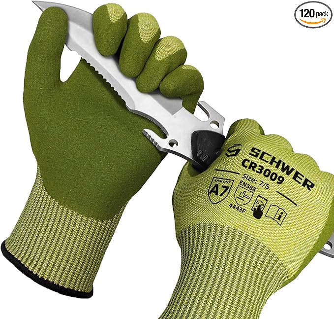 Schwer 120 Pairs ANSI A7 Cut Resistant Fishing Gloves, CR3009 Touchscreen Compatible Work Gloves for Men and Women, Non Slip, Ideal for Fishing, Hunting, Hiking, Cycling, DIY and Outdoor Activities, S