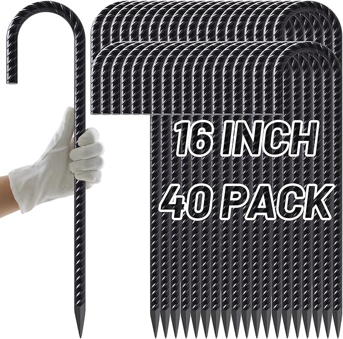 AAGUT Rebar Stakes 16 Inch J Hook Heavy Duty 40 Pack, 5/16 Inch Black Coated Metal Steel Ground Anchors Chain Link Fence Stakes for Camping Tent, Inflatables, Yard Decorations, Canopies & Swing Sets