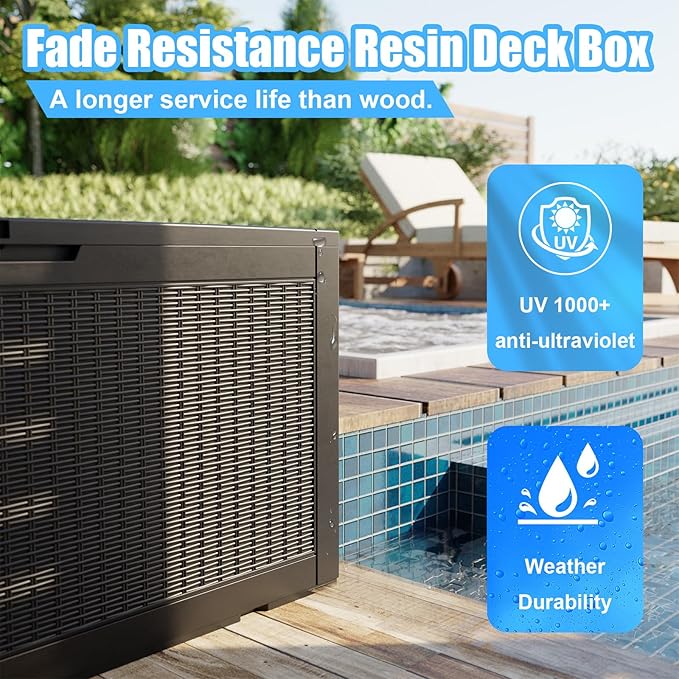 120 Gallon Deck Box,Resin Outdoor Storage Box with Lockable for Patio Furniture, Pool Accessories, Garden Tools Waterproof Outside Storage Box (Black)