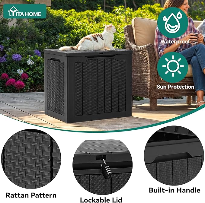 YITAHOME 32 Gallon Outdoor Storage Box, 2-Pack Water Resistant Resin Deck Box, Indoor Outdoor Lockable Storage Container for Patio, Garden, Cushions, Tools, Equipment (Dark Black)