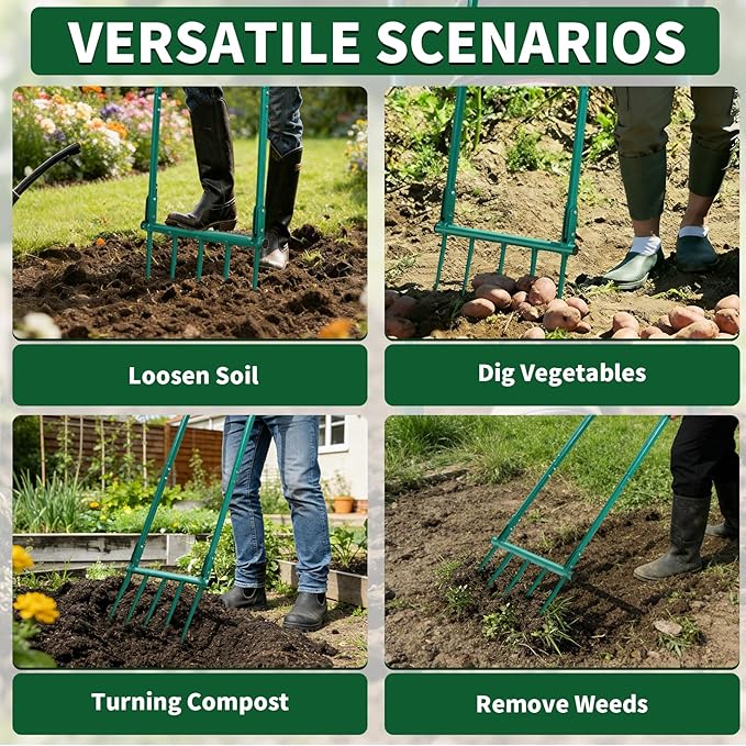 VVOKGO Broadfork Garden Tool with 11.8" Long Tines, 5-Tine Broad Fork for Gardening Heavy Duty, Unbreakable Garden Fork & Hand Tiller for Farm Digging, Crushing, Aerating Soil