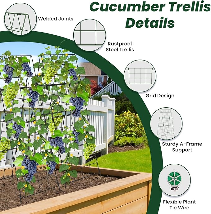 Adjustable A-Frame Trellis for Climbing Plants Outdoor, 48"x32" Cucumber Trellis for Raised Bed, Metal Garden Trellis with Grid Design, Tomato, Grape, Bean, Pea, Squash, Vegetable Trellis (Black)