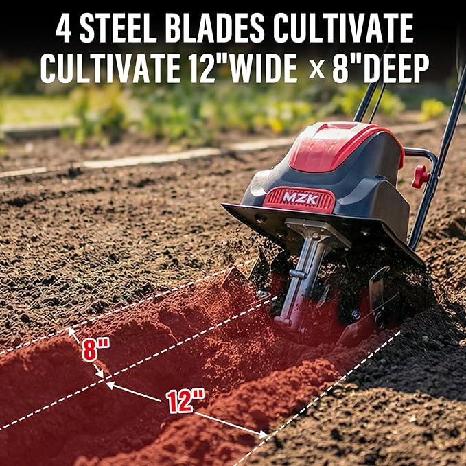 MZK 12-Inch 10.5 Amp Corded Electric Tiller/Cultivator for Gardening, 8-inch tillling Depth, Powerful and Lightweight Tiller, Electric Garden Rototiller for Lawn/Yard/Garden Soil Digging,TC12A03
