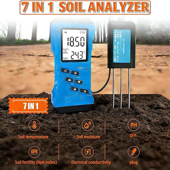 7 in 1 Rapid Soil Tester Ph Humidity,Soil Moisture Tester for Plants,Moisture, Nutrient Conductivity, Phosphorus, Potassium N P K Tester, Battery Operated (Not Included)