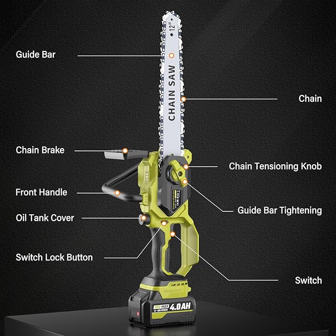 12 In Electric Chainsaw Cordless, 20V Battery Chain Saw with 2x4.0Ah Li-ion Batteries, 2 x Chains, with Tool-free Chain Tension, Auto Oiling for Wood Cutting, Tree Trimming and Branch Pruning