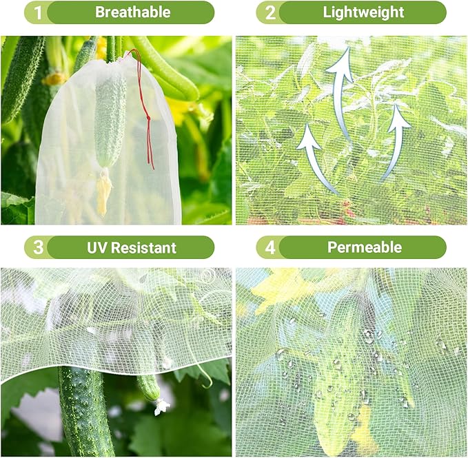 50 PCS Fruit Protection Bags, Enpoint 10x14 Inch Reusable Garden Netting Mesh Bag with Drawstrings, Plant Covers Protect Fruits Vegetables Tomato Apple Peach Trees