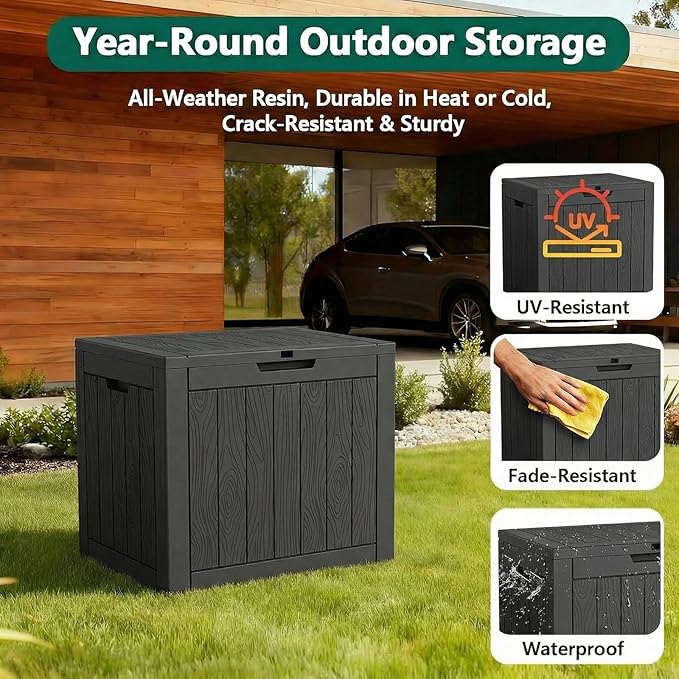45 Gallon Outdoor Storage Box Waterproof, Small Resin Deck Box with Lockable Lid, UV-Resistant and Weatherproof Outside Storage Bin for Patio Cushions, Garden Tool, Pool Accessories, Furniture, Pillow
