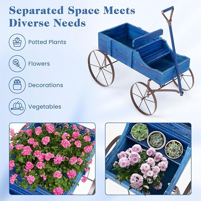 Goplus Wagon Planter, Decorative Wooden Garden Planter with Wheels, 2 Planting Sections and Adjustable Handle, Indoor Outdoor Backyard Balcony Decor (Blue)