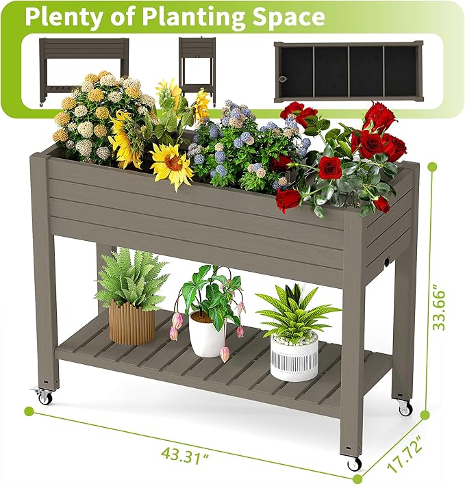 Elevated Raised Garden Bed with Wheels,Outdoor Large Resin Patio Planter Box Stand Divisible with Drain Plug,Water Monitor for Plants Vegetables Flowers Fruits(Grey,43.31 * 17.72 * 33.66)