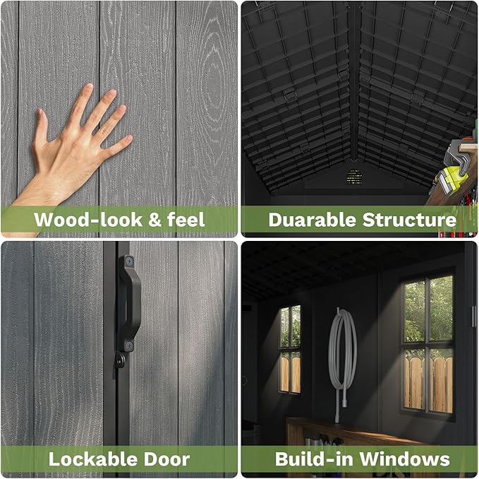 Patiowell 4x8 FT Plastic Outdoor Storage Shed with Floor, Garden Tool Shed with Two Windows and Single Lockable Door for Garden, Backyard, Lawn, Easy to Install, Dark Grey