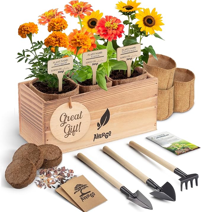 AVERGO Sunflower, Marigold & Zinnia Flower Seeds Growing Kit – Complete Indoor & Outdoor Kit with Seeds for Planting, Planters, Soil, Tools, Instructions – Ideal for Gift Giving