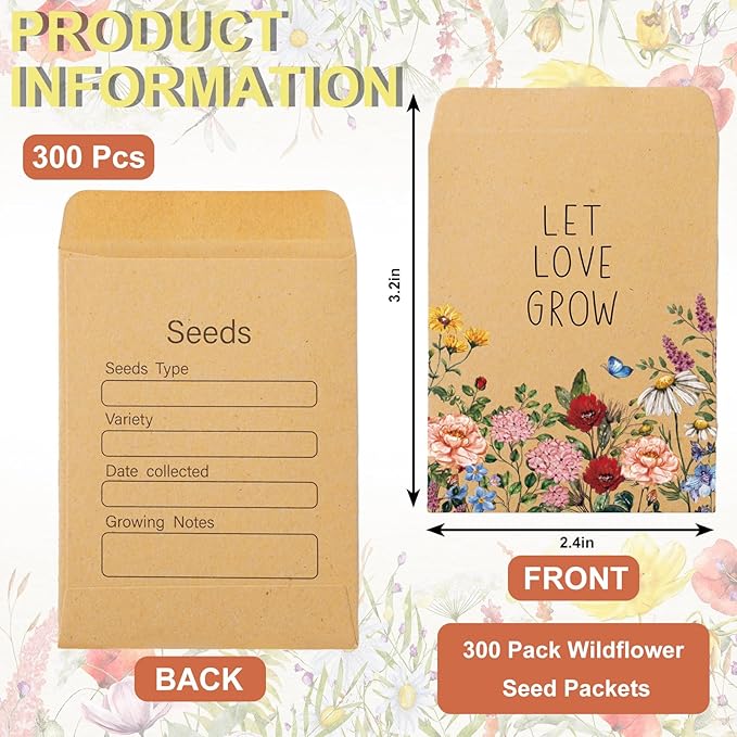 300Pcs Wildflower Seed Packets Let Love Grow Self-Adhesive Kraft Envelopes Rustic Floral Seed Storage Pockets for Garden Office Party Favors Supplies, 3.15 x 2.4 Inch