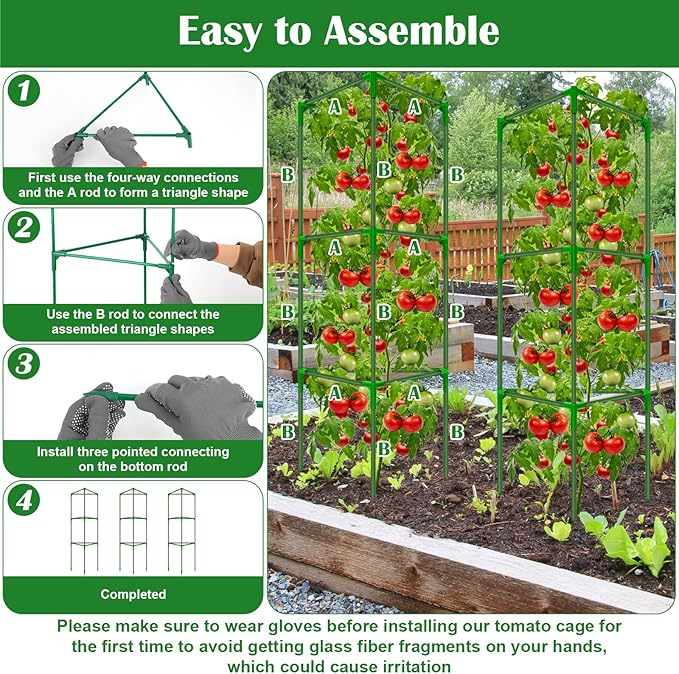 3 Packs Fiberglass Tomato Cages for Garden, 56 Inch Tall Tomato Plant Support, Adjustable Tomatoes Stakes Plant Climbing Trellis for Garden Vegetables Fruits, Tomatoes Support Cages with Clips