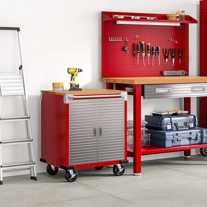 Seville Classics UltraHD Heavy Duty Rolling Cabinet Workbench Table w/Solid Wood Top, Workstation for Garage, Office, Workshop, Red, 2-Door (28" W x 18" D)