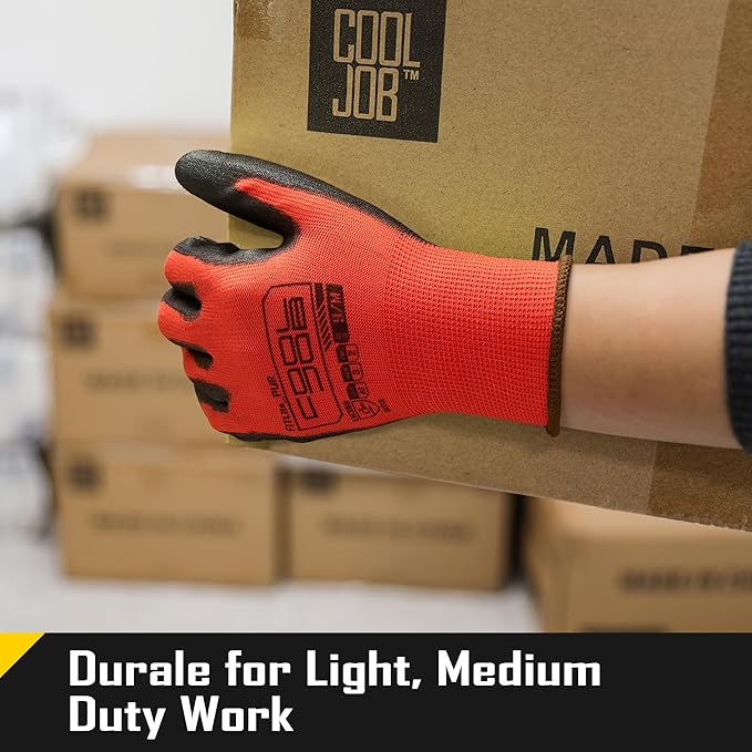 COOLJOB 60 Pairs Safety Work Gloves Pack Bulk with Grip PU Coating, 13 Gauge Seamless Knit Gloves with Polyurethane Dipped for Warehouse Working, Breathable Lightweight for Men Women, Red Xlarge