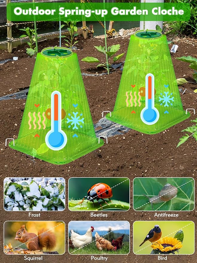 20 Pack Garden Cloches for Plants,9.4" H X 7.8" D Reusable Bell Plant Protector with 40 Ground Stakes and Rotary Vent Cover,Plant Covers Freeze Protection from Animals Snails Birds Chickens (Green)