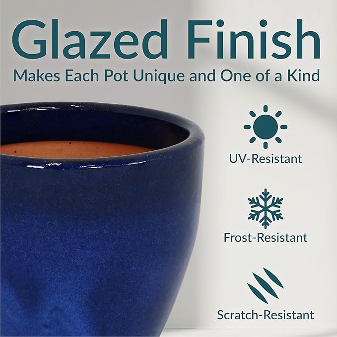 Sunnydaze Round Resort Ceramic Planter - Set of 2 Indoor or Outdoor Plant Pots with Drainage Hole - 10" - Imperial Blue Glaze