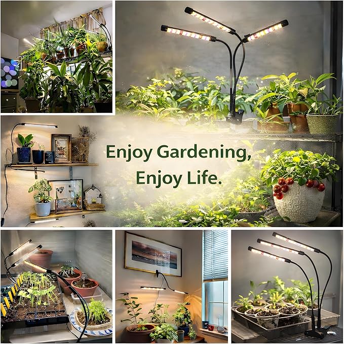 3head Plant Lights for Indoor Growing, Grow Light for Indoor Plants, Full Spectrum Growing Lamps with Clip, Auto ON & Off Timer 3/9/12H, 3 Switch Modes, 10-Level Dimmable Brightness