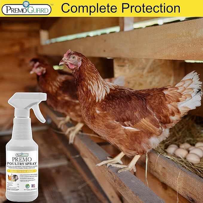 Premo Guard Poultry Spray - 16 oz - Kill Scaly Leg, Mites, Fleas, Lice, & Other Pest on Chickens and in Coops - Natural Plant Based Oils for Control, & Prevention - Family Safe with No Egg Withdrawl