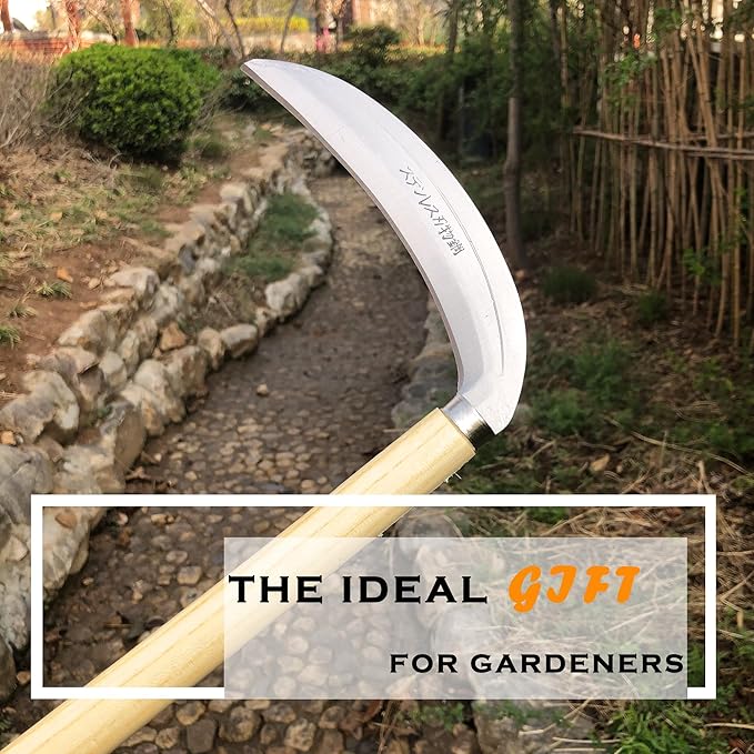 Grass Sickle Japanese Weeding Hoe Garden Hand Tool Weeding Tools for Garden High-Strength Steel with Solid Wood Handle (Beige)