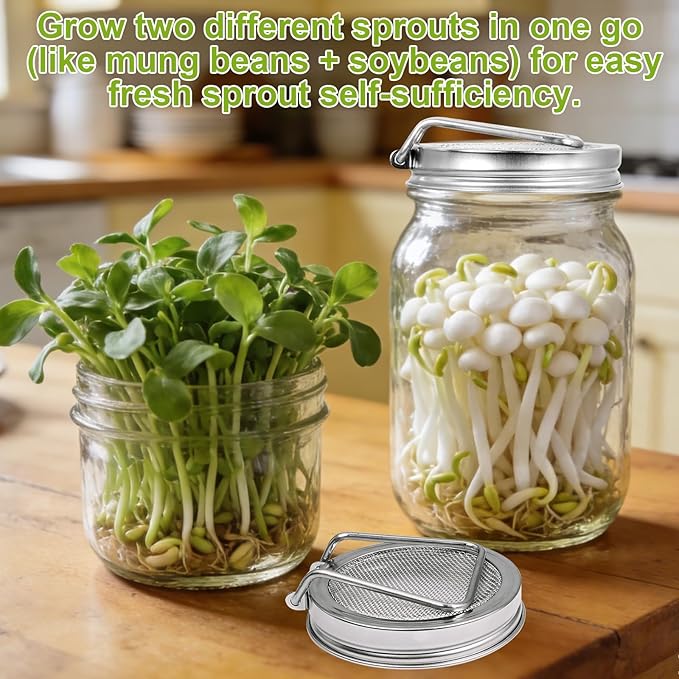 Sprouting Lids 2Pack Sprouting Lids for Wide Mouth Mason Jars with Stainless Steel Sprouter Lids & Stand for Broccoli, Alfalfa, Mung Bean Plant Germination Kits