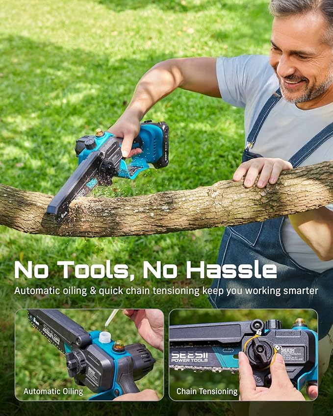 SEESII 2-in-1 Electric Pole Saws for Tree Trimming, 6 Inch Mini Chainsaw Cordless with Extension Pole, Battery Powered Pole Chain Saw, Tree Trimmer Limb Branch Cutter Pruner with 2 Battery PS600