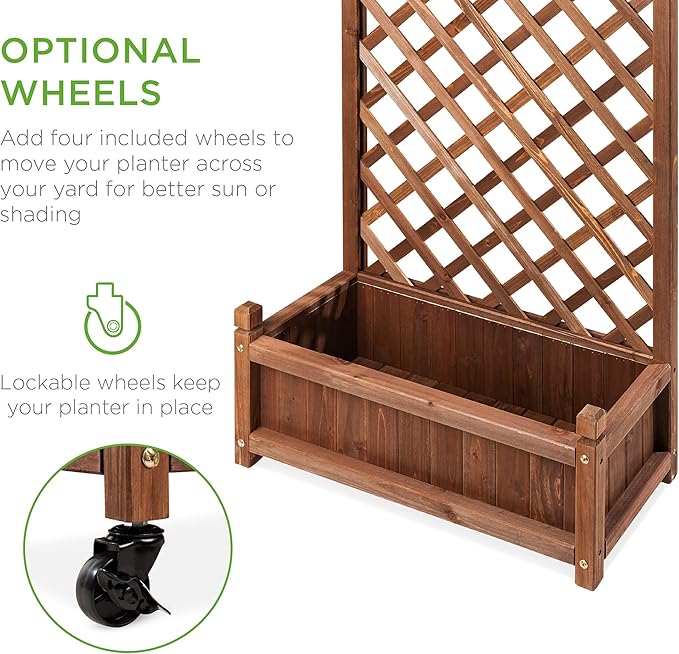 Best Choice Products Set of 2 48in Wood Planter Box & Diamond Lattice Trellis, Mobile Outdoor Raised Garden Bed for Climbing Plants w/Drainage Holes, Optional Wheels - Walnut