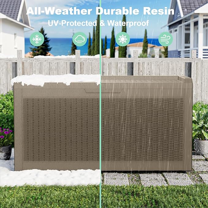 Vixzen 60 Gallon Outdoor Deck Box,Lockable Resin Waterproof Storage Box,UV Resistant,Weather Resistance,Outside Storage Bin for Gardening Tools,Pool Supplies（Gray，60 Gallon）