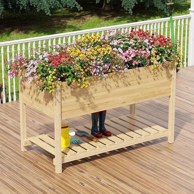 Kullavik Raised Garden Bed with Legs,Outdoor Elevated Cedar Wood Planter Box with Storage Shelf,220lb Capacity-Natural