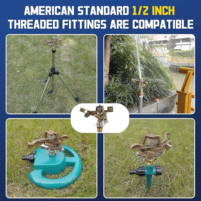 Brass Impact Sprinkler Head - 1/2 Inch Impact Sprinklers with Adjustable Nozzles for 360 Degrees Watering, Ideal for Large Patio Garden Irrigation - 3 PCS