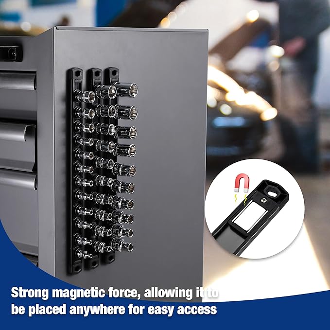 WORKPRO Magnetic Socket Organizer, 3/8-Inch Drive Aluminum Alloy Socket Rail, Heavy Duty Socket Holder, Socket Rack Kit 3/8-Inch x 10 Clips Black (Socket not Included)
