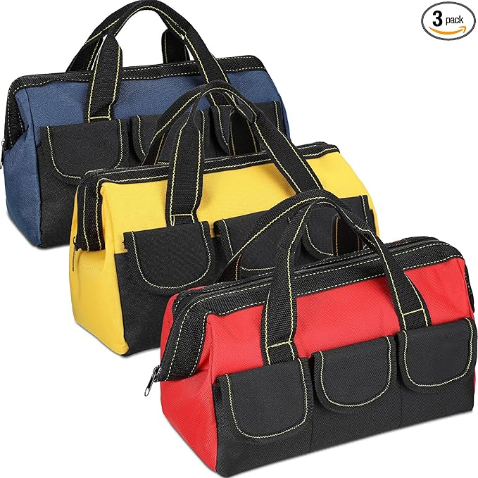 Sanwuta 3 Pack Tool Bag for Men with Waterproof Hard Bottom, Heavy Duty Tool Bag Wide Mouth Tote for Various Instrument, Electrician Carpenter Mechanic(Blue, Red, Yellow,16 Inch,Classic)