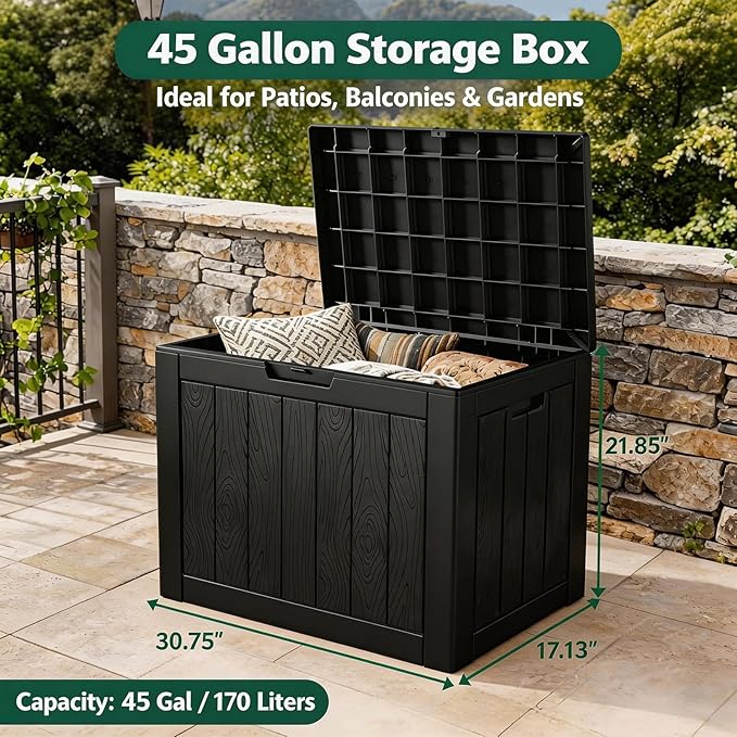 45 Gallon Outdoor Storage Box Waterproof, Small Resin Deck Box with Lockable Lid, UV-Resistant and Weatherproof Outside Storage Bin for Patio Cushions, Garden Tool, Pool Accessories, Furniture, Pillow