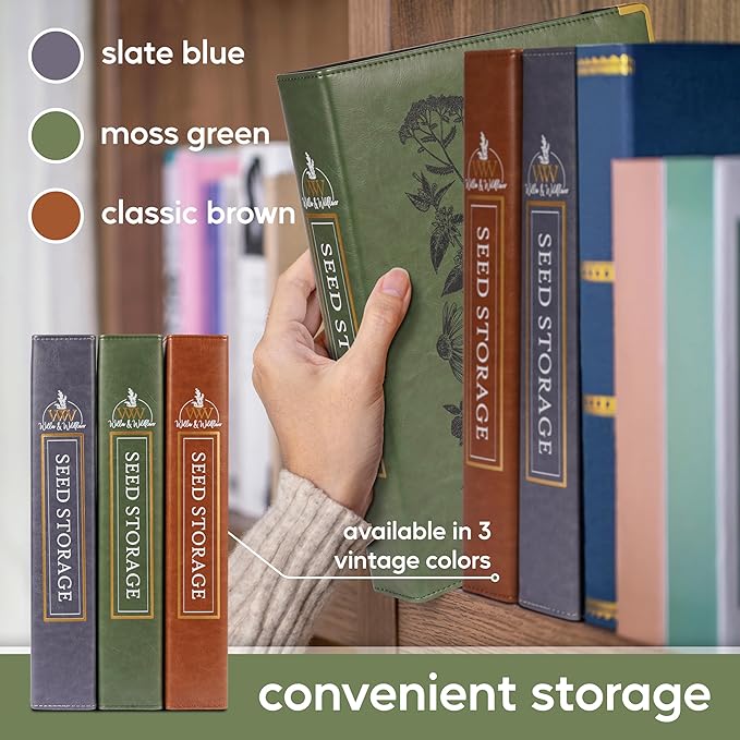 Willow and Wildflower Garden Seed Organizer Binder, Seed Storage Organizer, Garden Binder Book for Packet Storage Catalog Can Store 120 Packets with Dibber and Widger (Moss Green)