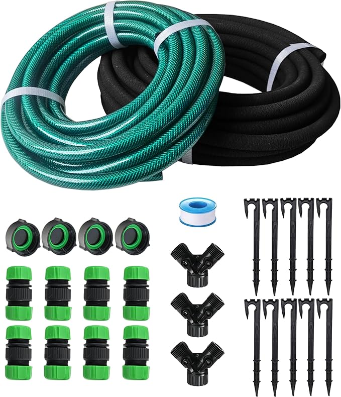 Customizable Soaker Hose System - 1/2 inch x 75ft Soaker Hose with 50ft Garden Hose, Irrigation Weeping Hose with Reinforced Fittings for Raised Garden Flower Bed, Vegetables and Shrub Plants.
