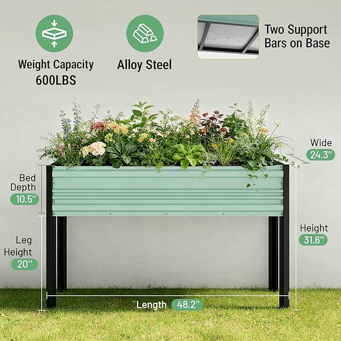 WORKPRO 48x24x32in Outdoor Galvanized Raised Garden Bed with Legs, 600LB Elevated Planter Box for Vegetable, Flowers, Herbs, Light Green